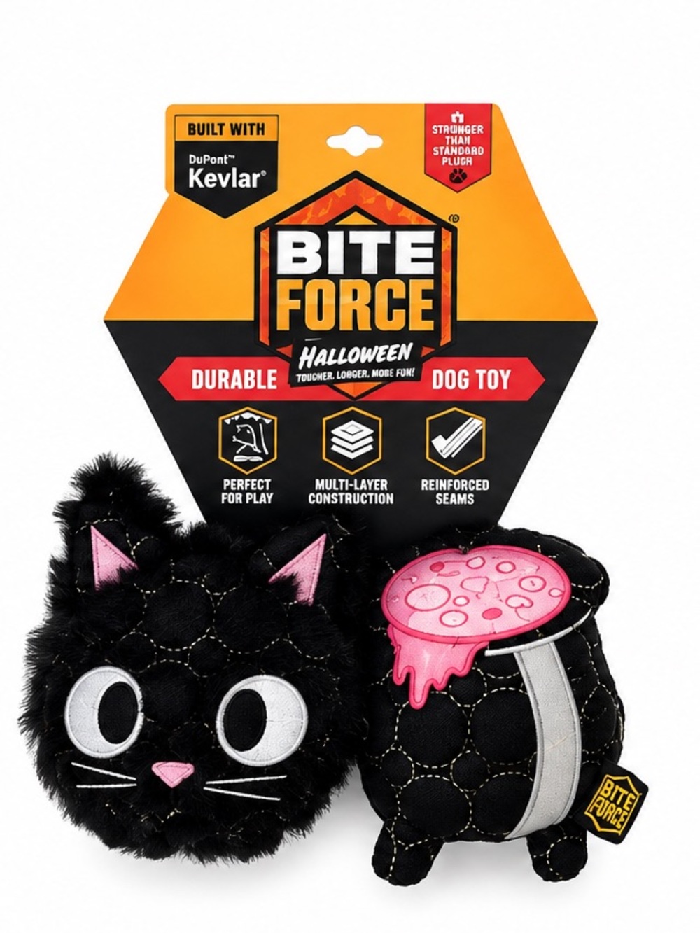 NEW - Bite Force Halloween 2PC Dog Toys Black Cat Cauldron Kevlar Durable Plush